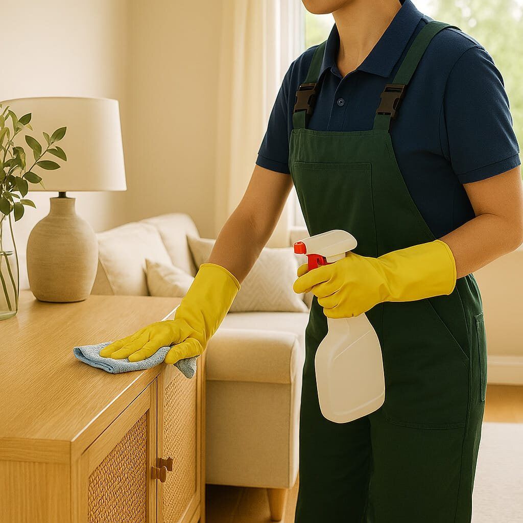 Angajat Smart Clean ștergând praful de pe o comodă
