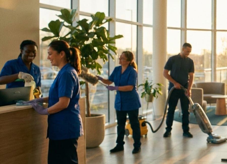 Echipa Smart Clean făcând curățenie într-un birou