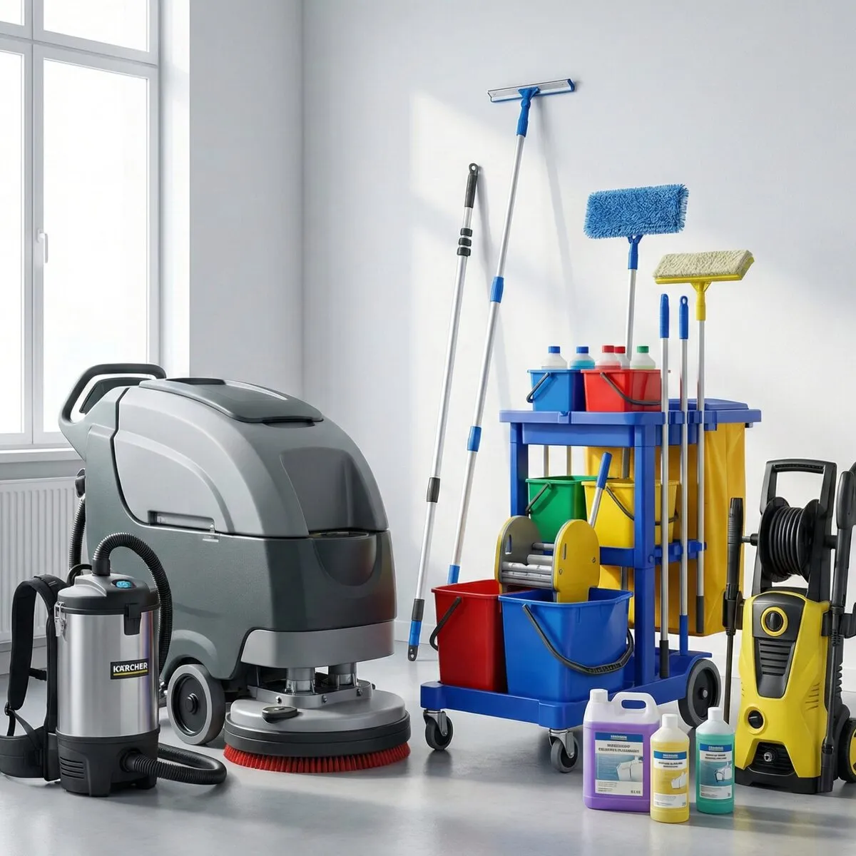Echipamentele Smart Clean: mașină de spălat pardoseli, cărucior de curățenie, aspirator și aparat de spălat cu presiune