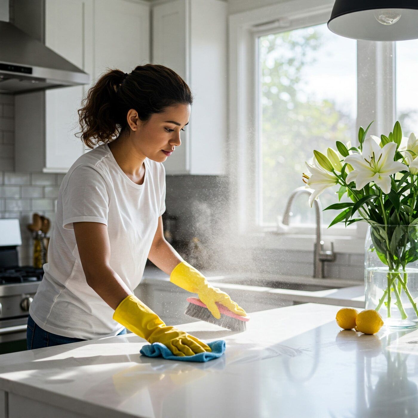 Angajată Smart Clean ștergând blatul din bucătărie
